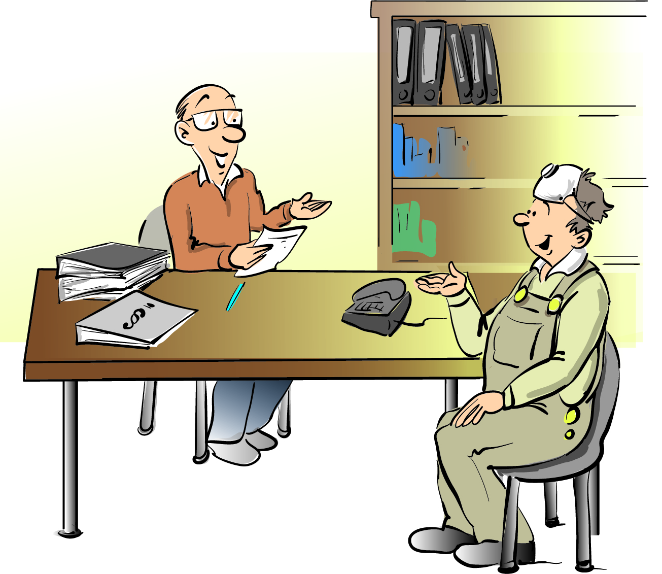 Zwei Personen sitzen an einem Tisch und sprechen miteinander